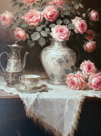 Trendiest Classic Europe Vase wall art featuring 3D embossed pink roses, silver teapot, and teacup on TPU leather.