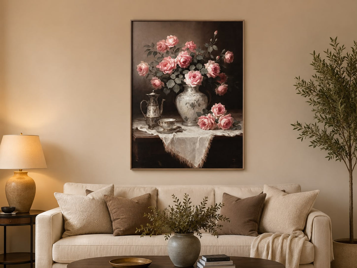 Trendiest Classic Europe Vase wall art featuring 3D embossed pink roses in a vase on a beige living room wall.
