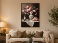 Trendiest Classic Europe Vase wall art featuring 3D embossed pink roses in a vase on a beige living room wall.