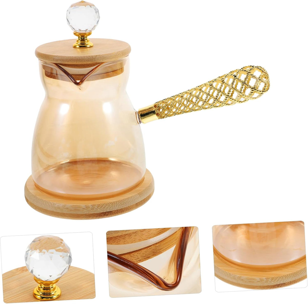 A transparent amber glass coffee pot with a light bamboo lid and base, a gold-tone handle wrapped in a lattice pattern, and a clear crystal knob. Three small detail inset images at the bottom show the crystal knob, the spout, and the glass thickness.