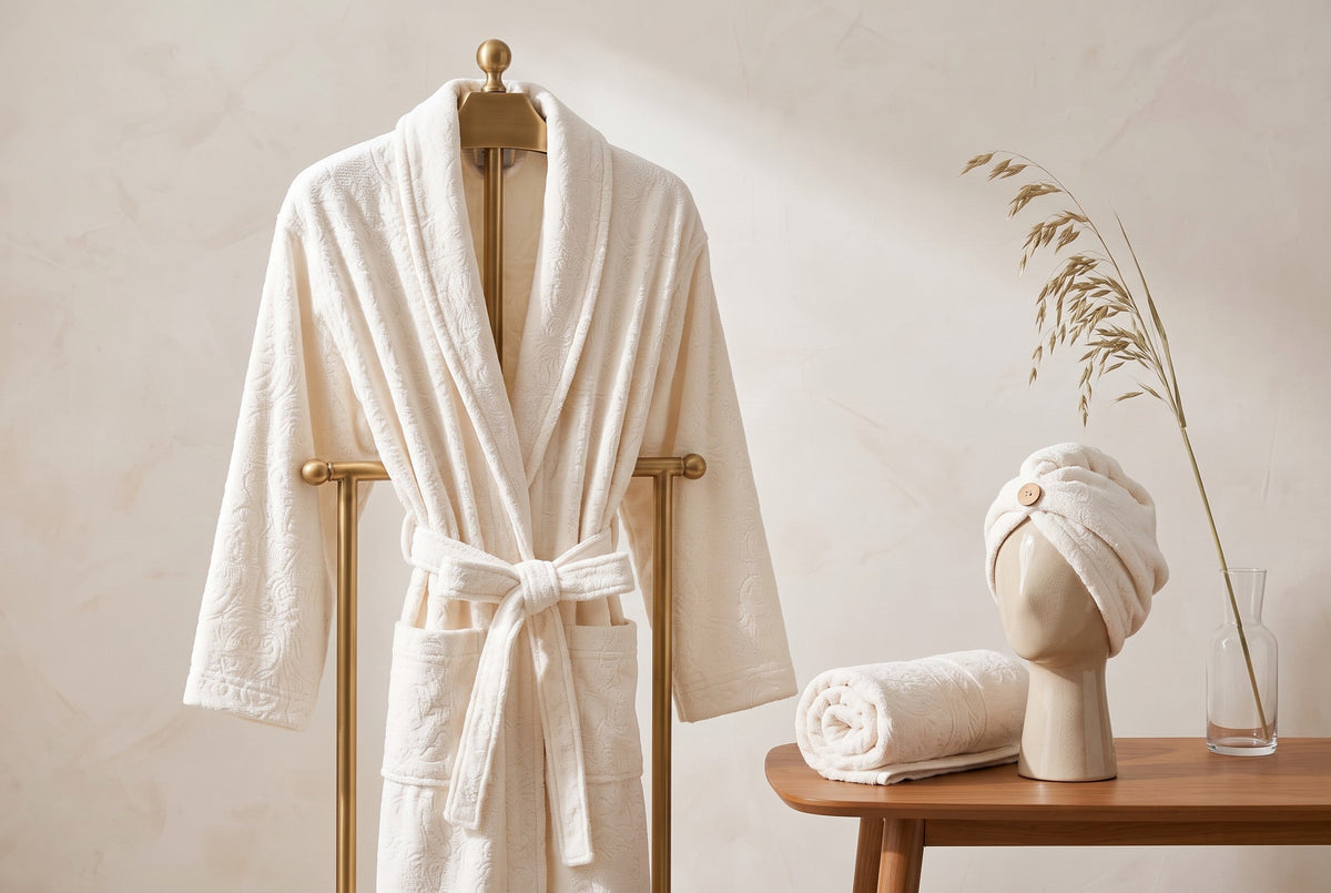 Trendiest spa bathrobe set in cream with matching shower cap and face towel on a wooden stand