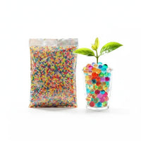 Trendiest Gell Orbeez water bomb beads in a plastic bag and a glass vase with a small green plant