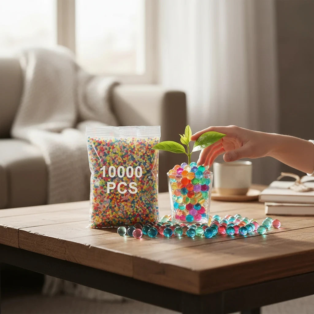 Trendiest Gell Orbeez water bomb beads in a bag and glass vase with a small plant on a wooden table