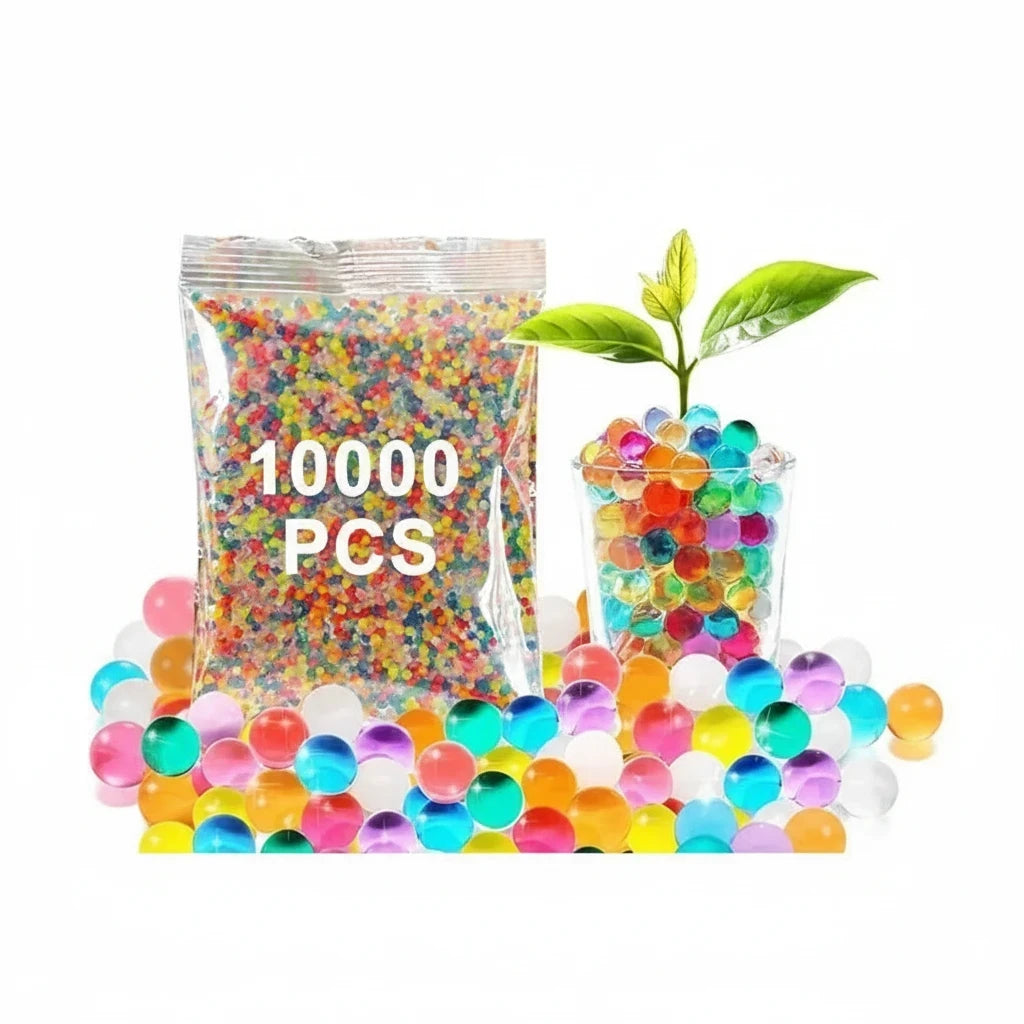 Trendiest Gell Orbeez water bomb beads in a 10000 piece pack with colorful gel balls in a glass and scattered