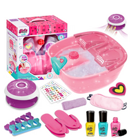 Trendiest kids home spa set with foot soak tub, nail dryer, polishes, glitter, and accessories in pink and teal.