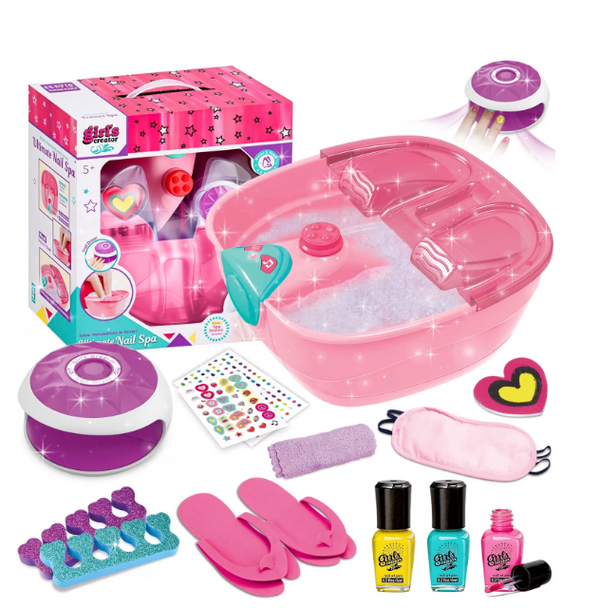 Trendiest kids home spa set with foot soak tub, nail dryer, polishes, glitter, and accessories in pink and teal.