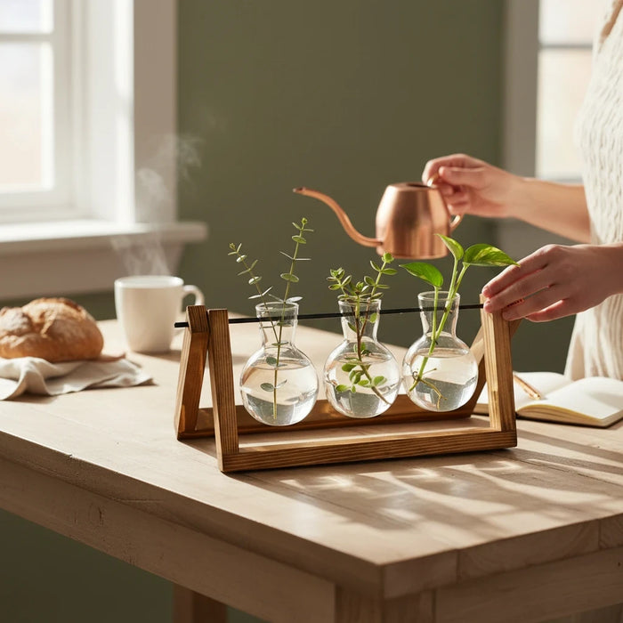 Trendiest glass bulb hydroponic vase set with a natural wooden stand on a wooden table with water plants