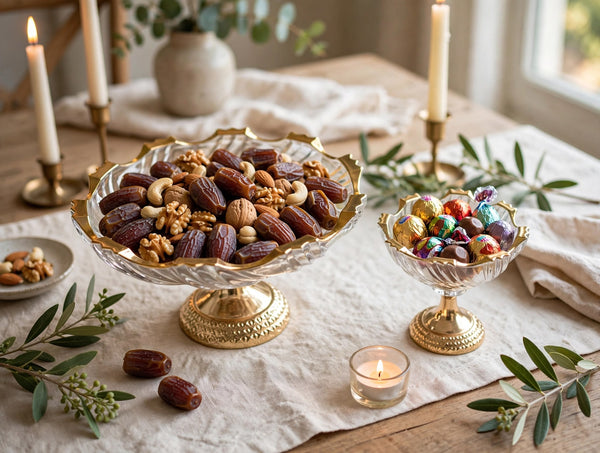 Trendiest glass pedestal bowl set with gold rims filled with dates, nuts, and chocolates on a rustic dining table.