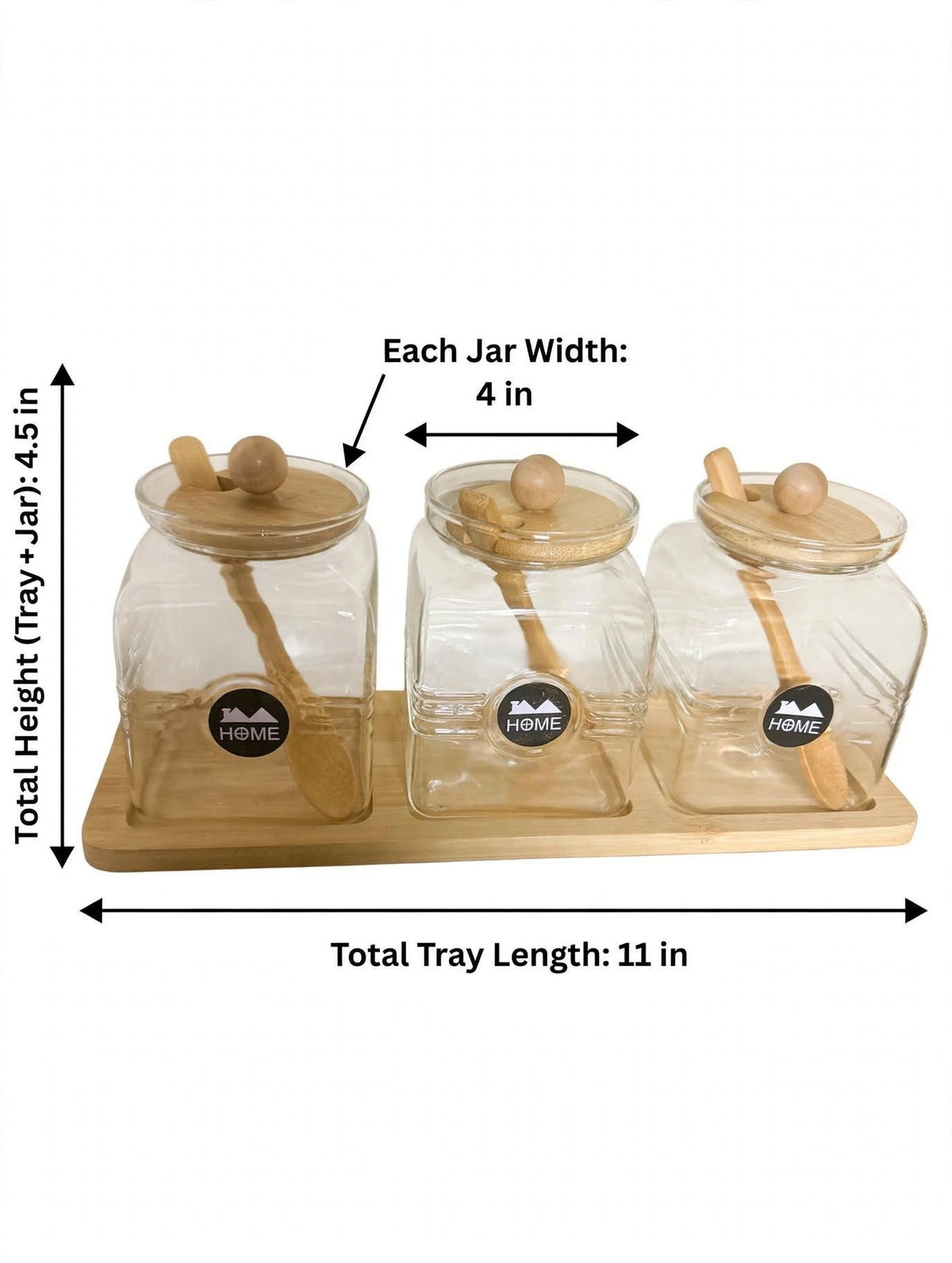 Trendiest glass spice jar set with bamboo lids, wooden spoons, and display tray featuring HOME branding