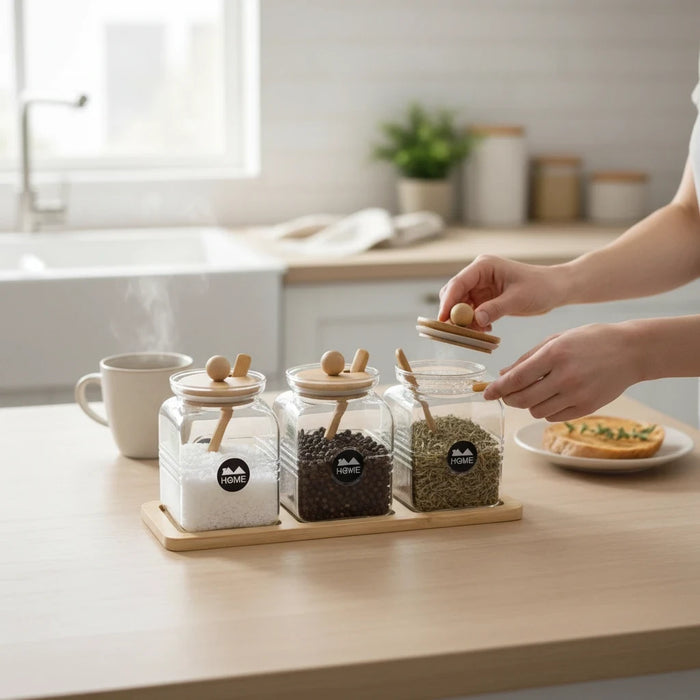 Trendiest glass spice jar set with bamboo lids, wooden spoons, and display tray on a kitchen counter