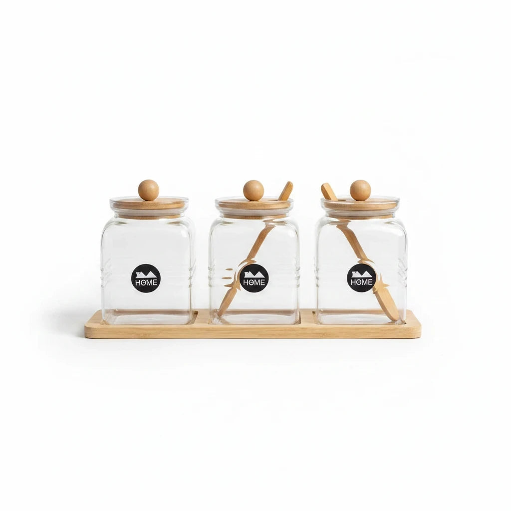 Trendiest glass spice jar set of 3 with bamboo lids, wooden spoons, and a display tray featuring HOME branding.