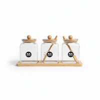 Trendiest glass spice jar set of 3 with bamboo lids, wooden spoons, and a display tray featuring HOME branding.