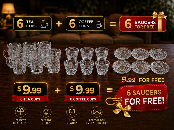 Trendiest 18-piece glass tea and coffee cup set with matching saucers featuring elegant embossed geometric patterns.