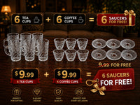Trendiest 18-piece glass tea and coffee set with embossed saucers and cups arranged on a dark wooden table.