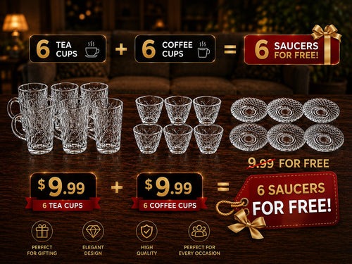 Trendiest 18-piece glass tea and coffee set with embossed saucers and cups arranged on a dark wooden table.