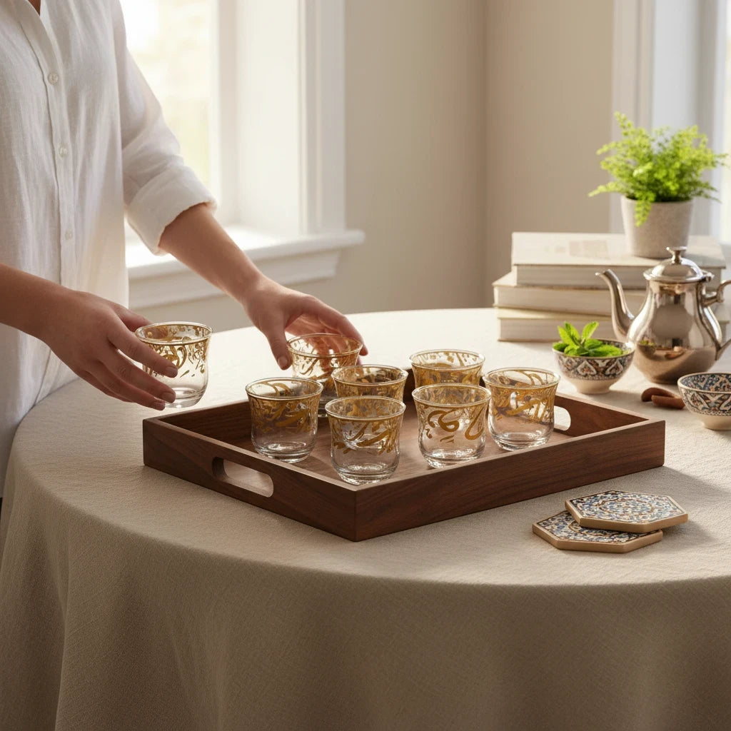 Trendiest decorative glass tea cup set with gold calligraphy on a wooden serving tray on a linen-covered table