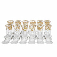 Trendiest set of six clear glass tea cups with elegant gold Arabic calligraphy detailing in a tulip-shaped design.