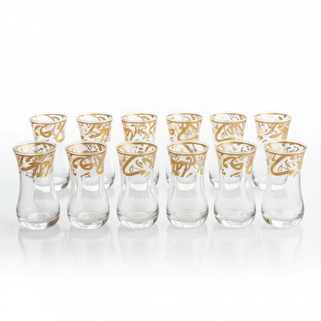 Trendiest set of 6 clear glass tea cups with elegant gold Arabic calligraphy detailing in a tulip-shaped design.