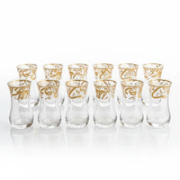 Trendiest set of 6 clear glass tea cups with elegant gold Arabic calligraphy detailing in a tulip-shaped design.