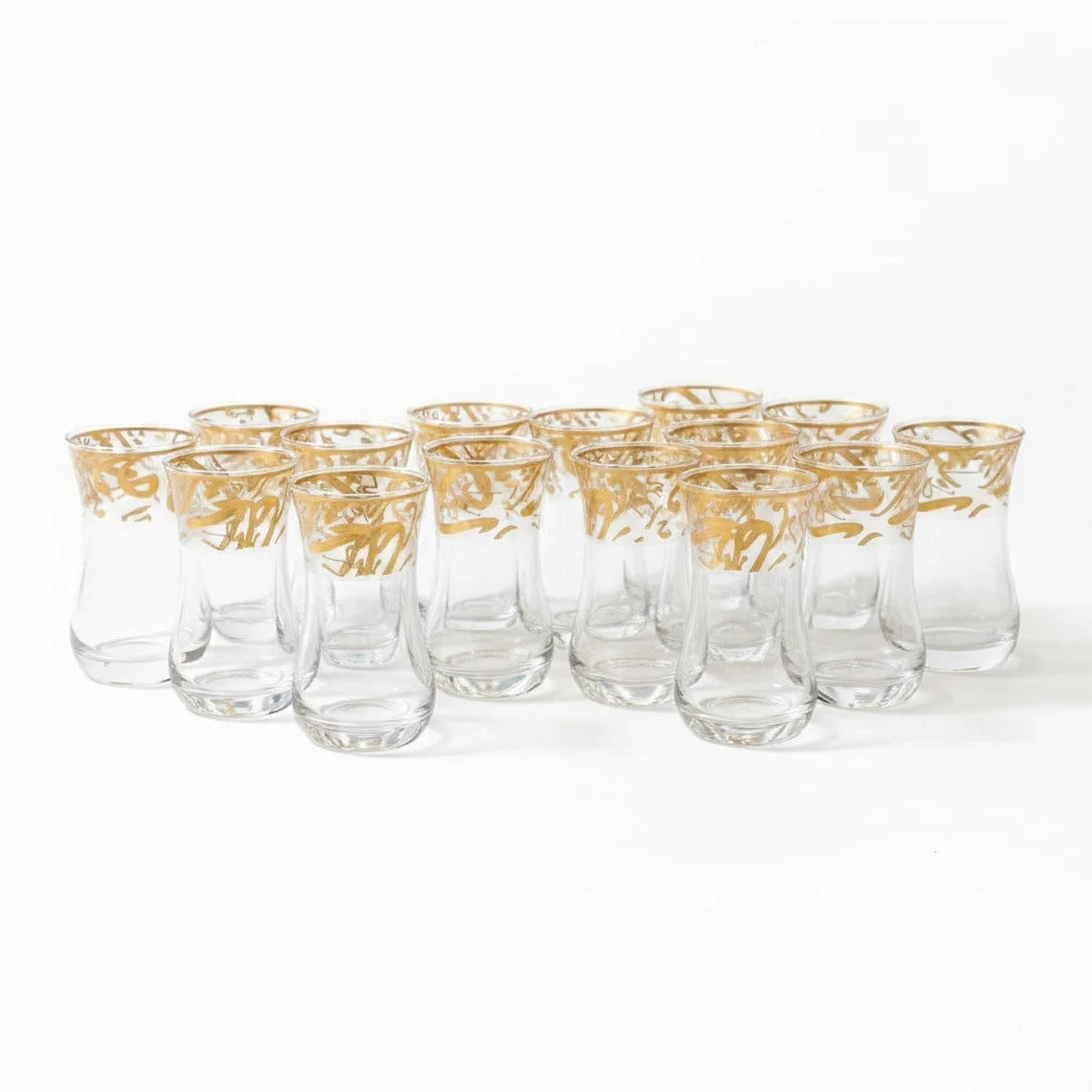 Trendiest set of 6 clear glass tulip-shaped tea cups featuring intricate gold Arabic calligraphy detailing