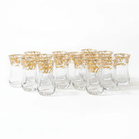 Trendiest set of 6 clear glass tulip-shaped tea cups featuring intricate gold Arabic calligraphy detailing
