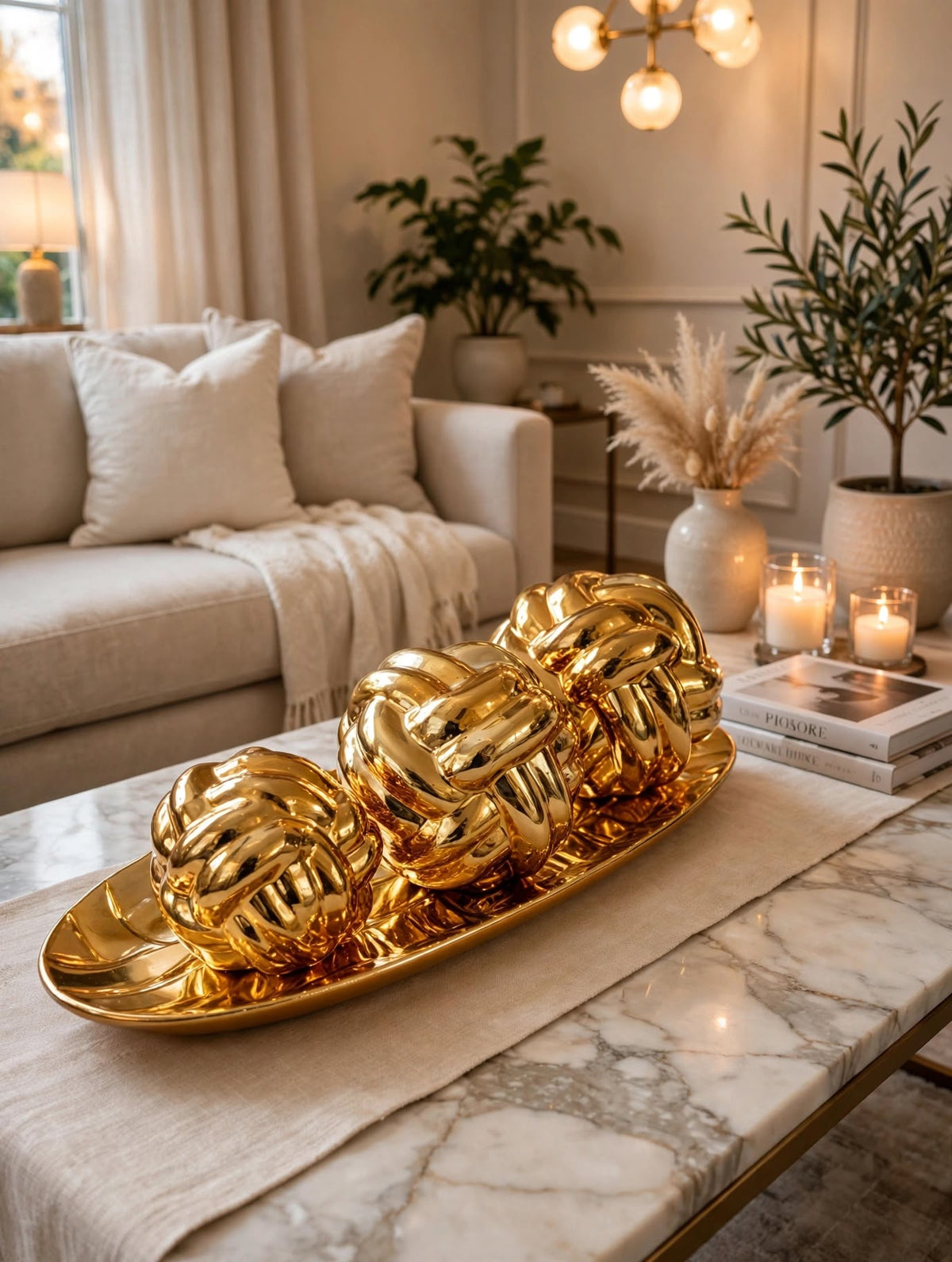 Trendiest decorative gold knot sculpture set with three spheres on an oval tray displayed on a marble coffee table.
