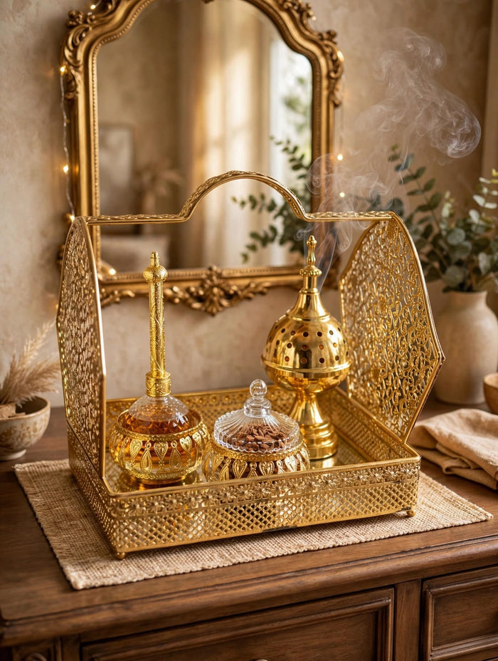 Trendiest gold metal bakhoor tray with intricate lattice design, incense burner, and perfume bottle on a mirrored base.