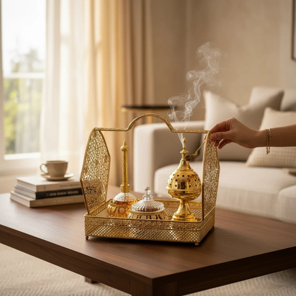 Trendiest gold metal bakhoor tray with intricate lattice design, incense burner, and perfume bottles on a wooden table.
