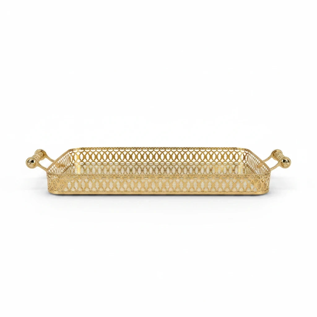 Trendiest XL rectangular gold serving tray with intricate lattice sides, ornate handles, and a reflective base.