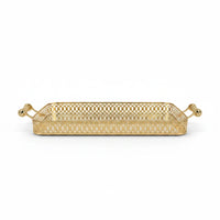 Trendiest XL rectangular gold serving tray with intricate lattice sides, ornate handles, and a reflective base.