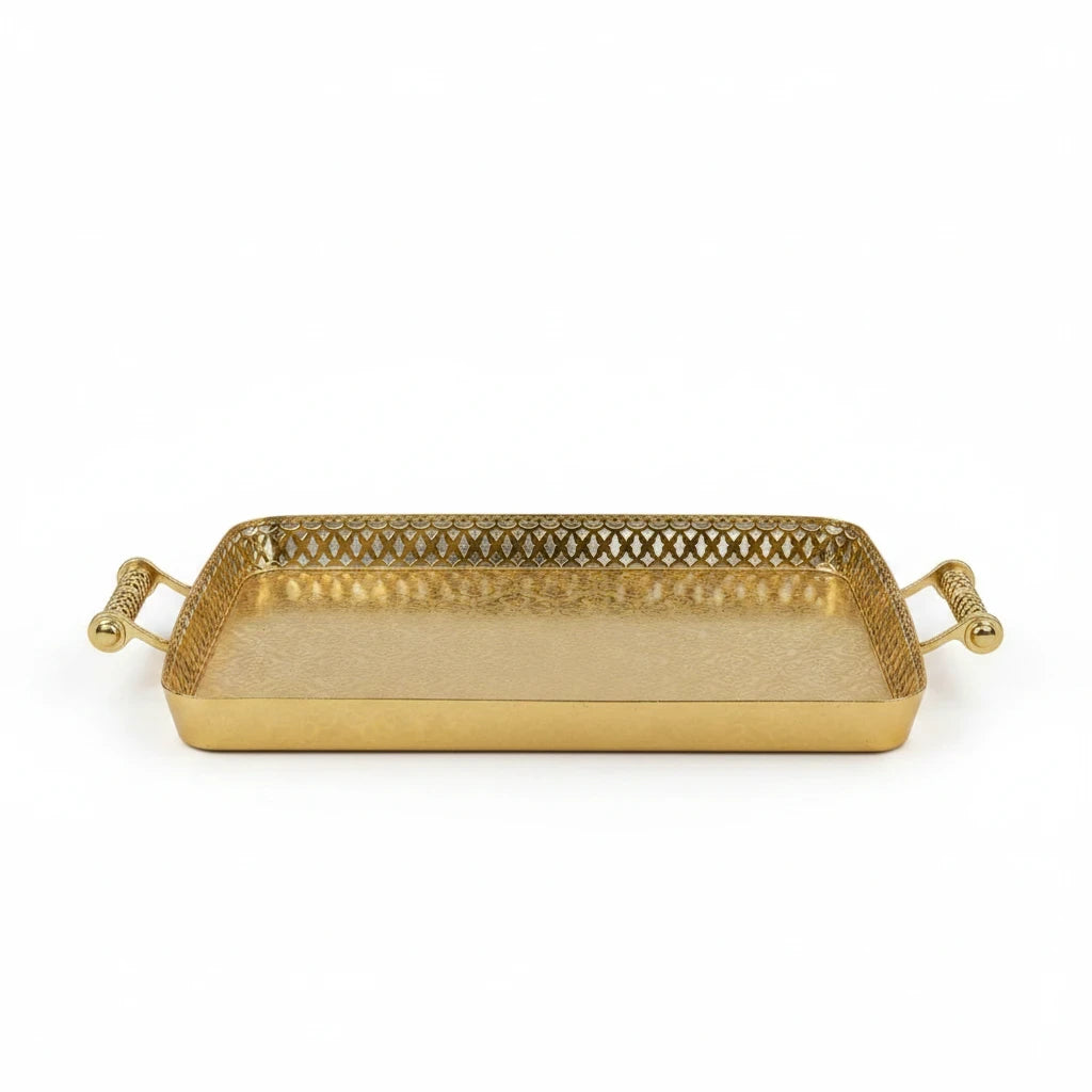 Trendiest rectangular gold serving tray with ornate base pattern, lattice border, and decorative handles.