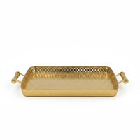 Trendiest rectangular gold serving tray with ornate base pattern, lattice border, and decorative handles.