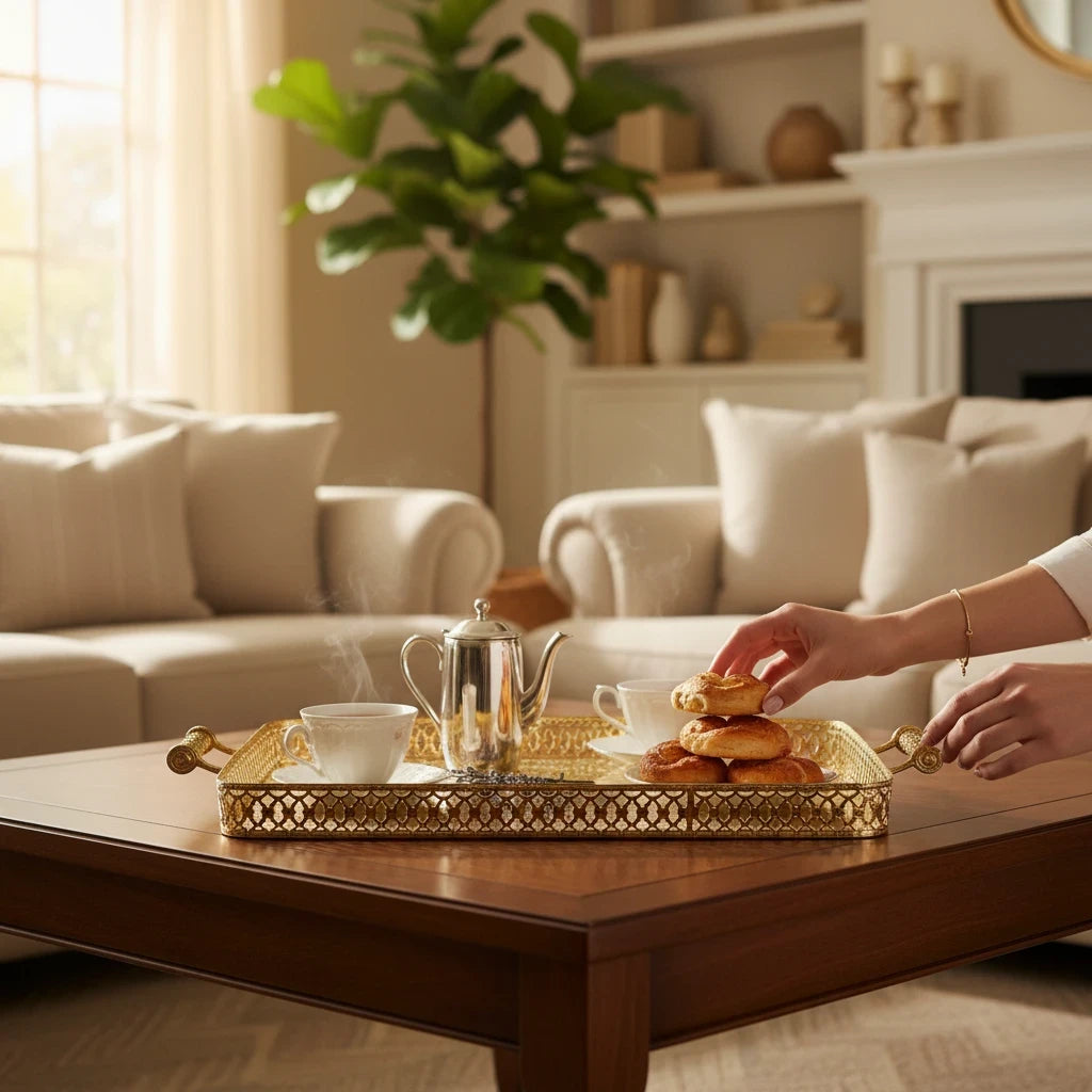 Trendiest XL gold rectangular serving tray with lattice sides and handles on a wooden coffee table with tea and snacks