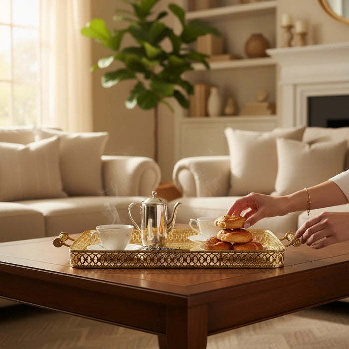 Trendiest XL gold rectangular serving tray with lattice sides and handles on a wooden coffee table with tea and snacks