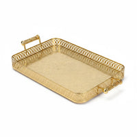 Trendiest XL rectangular gold serving tray with intricate lattice sides, textured base, and sturdy decorative handles.