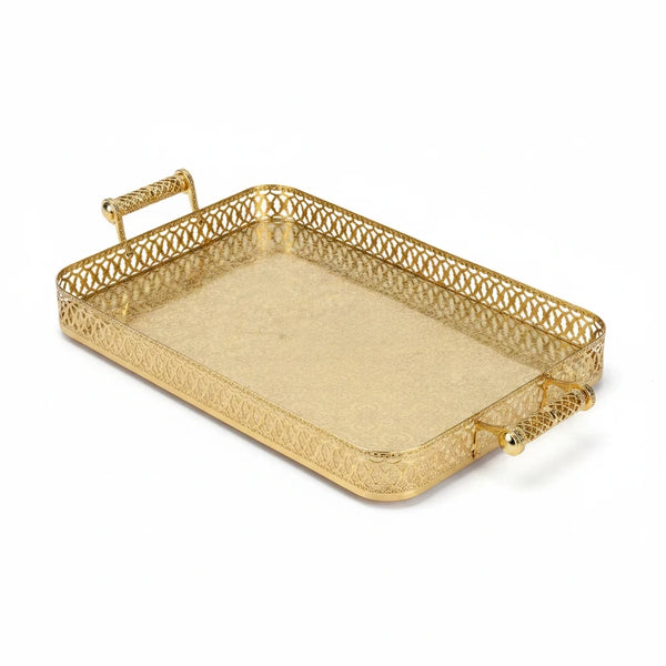 Trendiest XL rectangular gold serving tray with intricate lattice sides, textured base, and sturdy decorative handles.