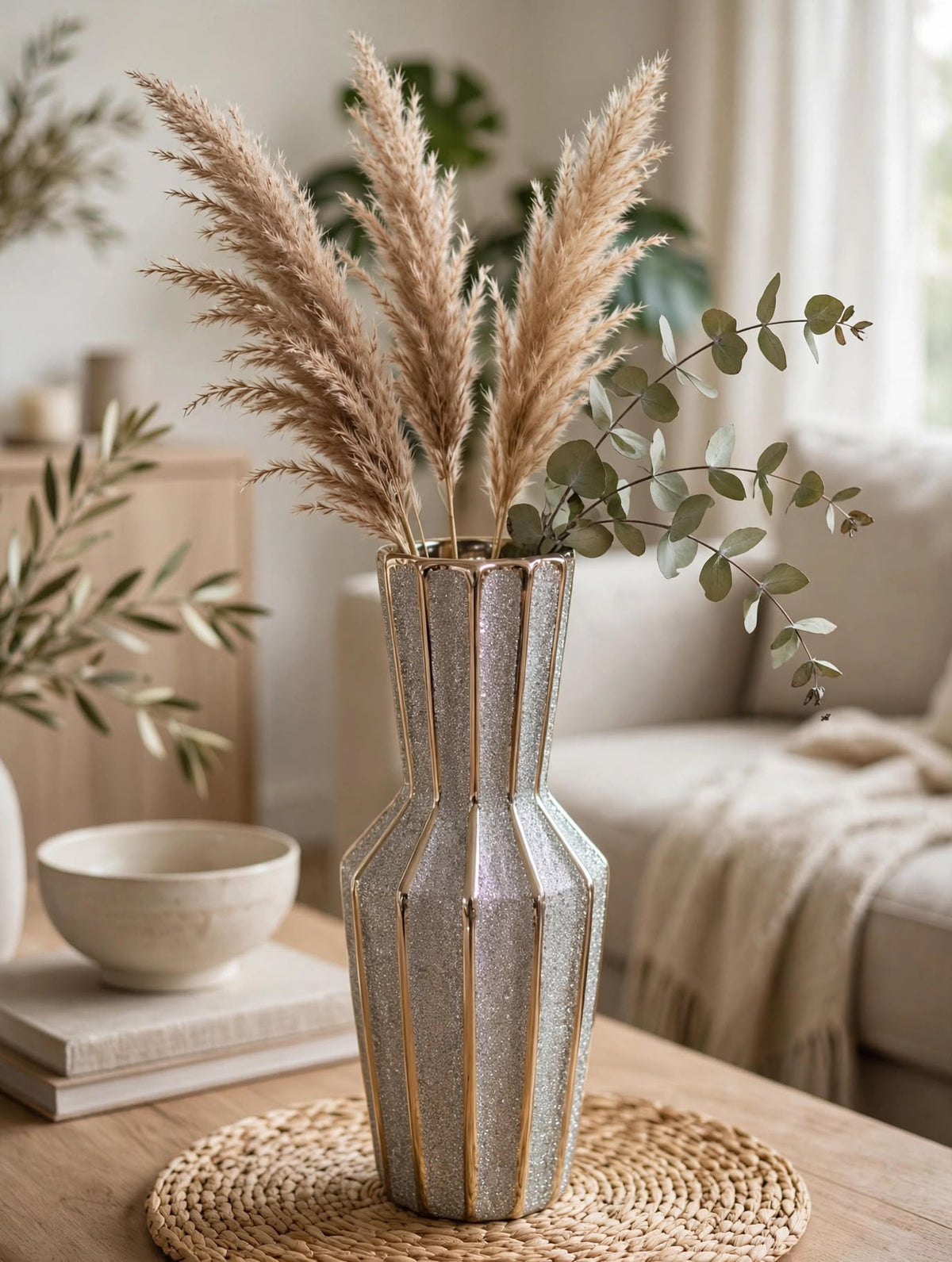 Trendiest decorative vase with gold accents and silver textured panels holding pampas grass on a wooden table