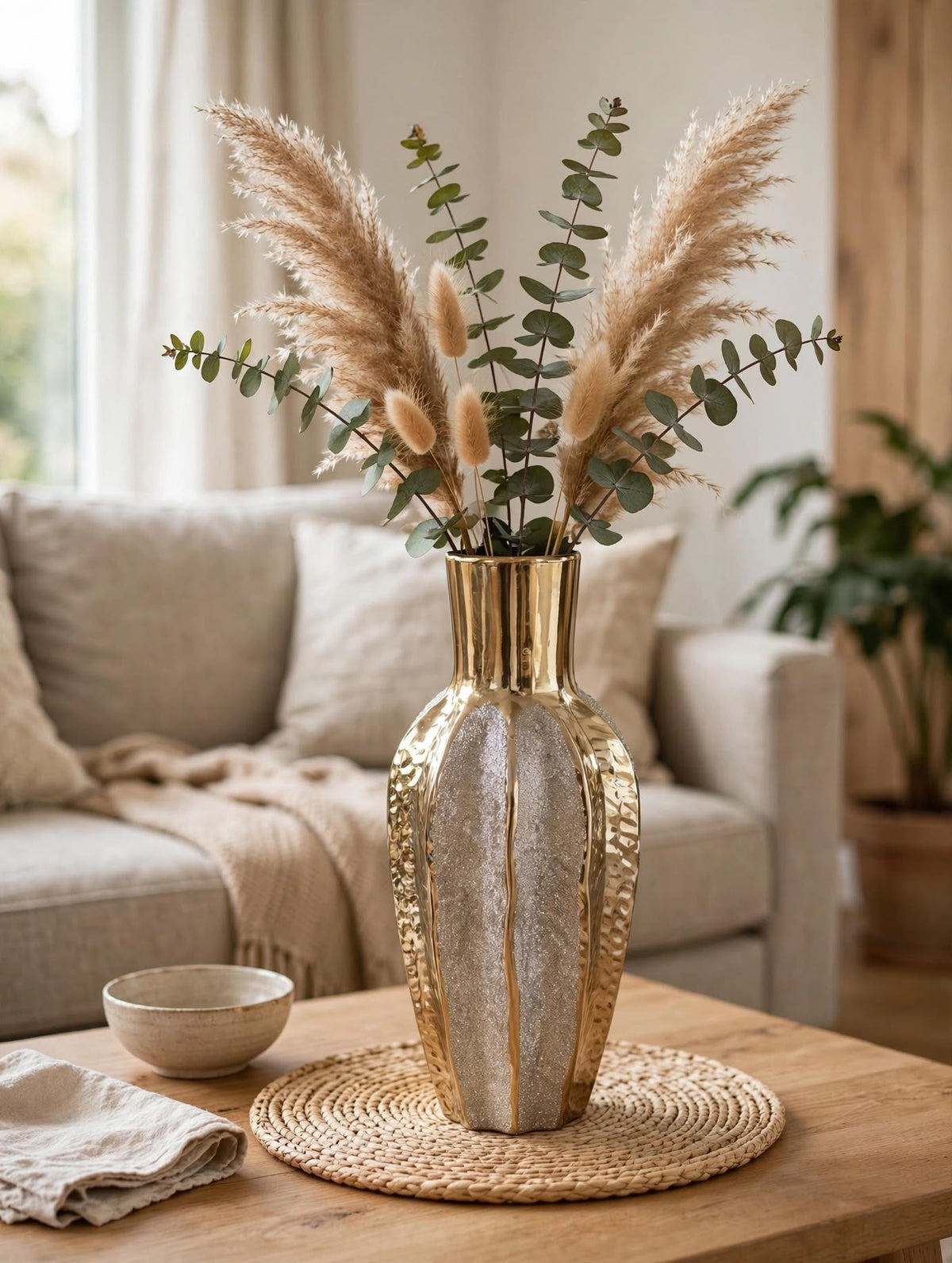 Trendiest decorative vase with gold and silver textured panels holding dried pampas grass on a wooden coffee table.