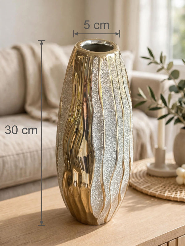 Trendiest decorative tabletop vase with wavy gold and textured silver panels, 30 cm tall for modern home decor