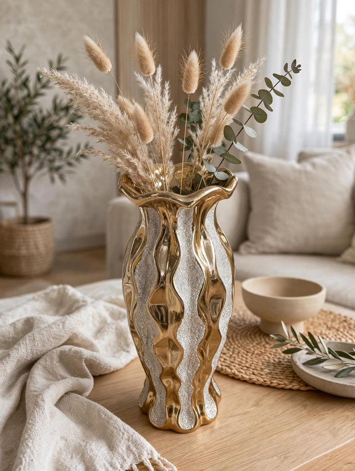 Trendiest decorative vase with wavy gold and silver textured finish holding dried pampas grass on a wooden table.