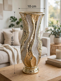 Trendiest decorative 30cm tabletop vase with a wavy silhouette, featuring polished gold and textured silver panels.