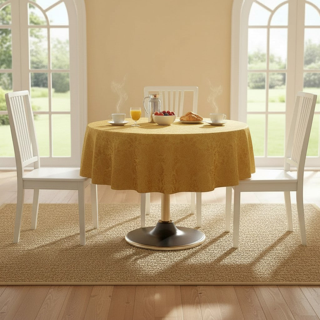 Trendiest gold textured tablecloth on a round dining table with white chairs in a bright, sunlit dining room.