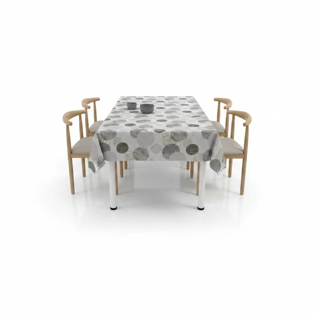 Trendiest modern rectangular dining table set with four chairs and a grey geometric circle patterned tablecloth