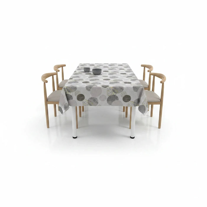 Trendiest modern rectangular dining table set with four chairs and a grey geometric circle patterned tablecloth