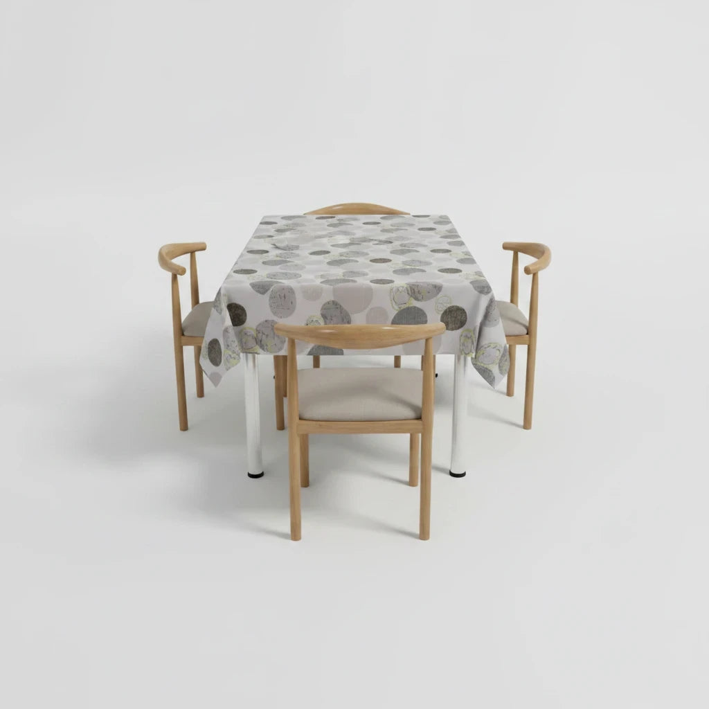 Trendiest rectangular dining table set with four chairs and a grey geometric circle patterned tablecloth
