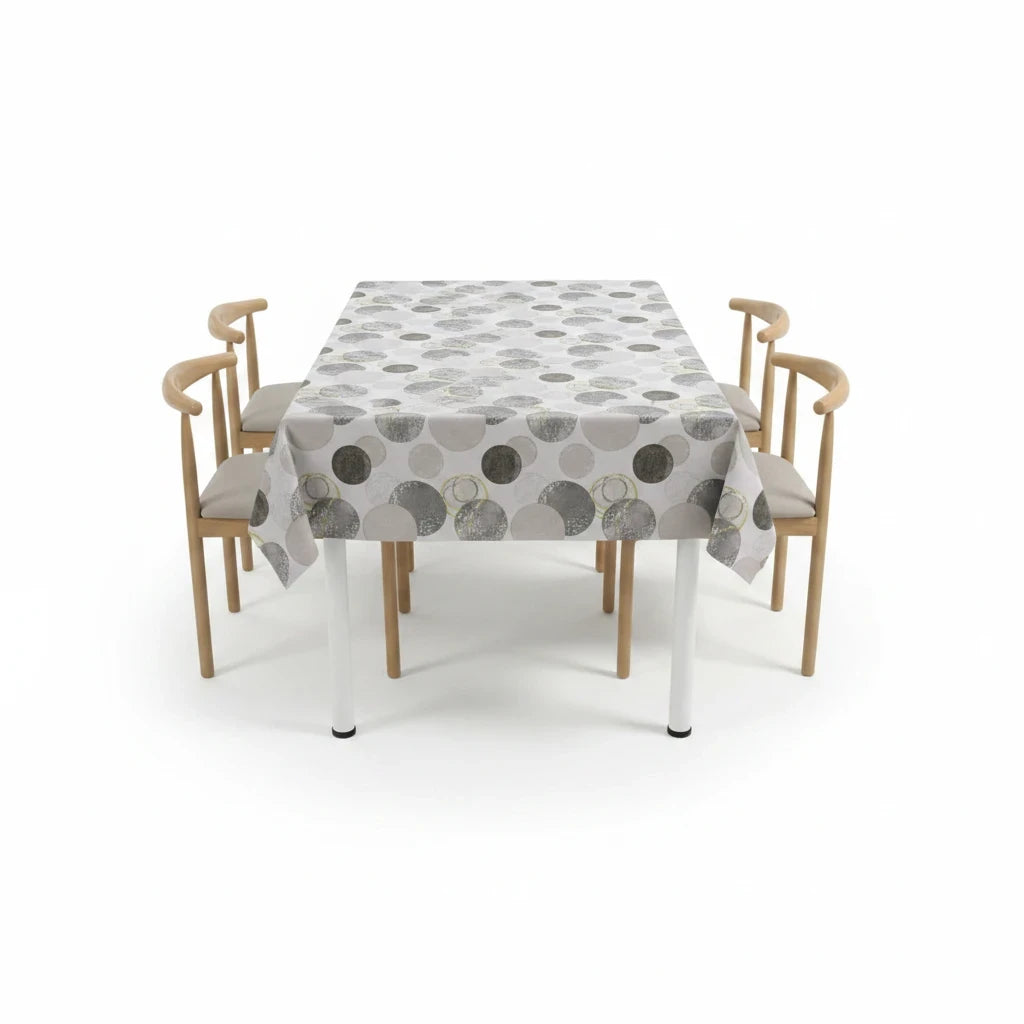 Trendiest rectangular dining table set with four chairs featuring a modern grey geometric circle patterned tablecloth