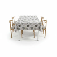 Trendiest rectangular dining table set with four chairs featuring a modern grey geometric circle patterned tablecloth