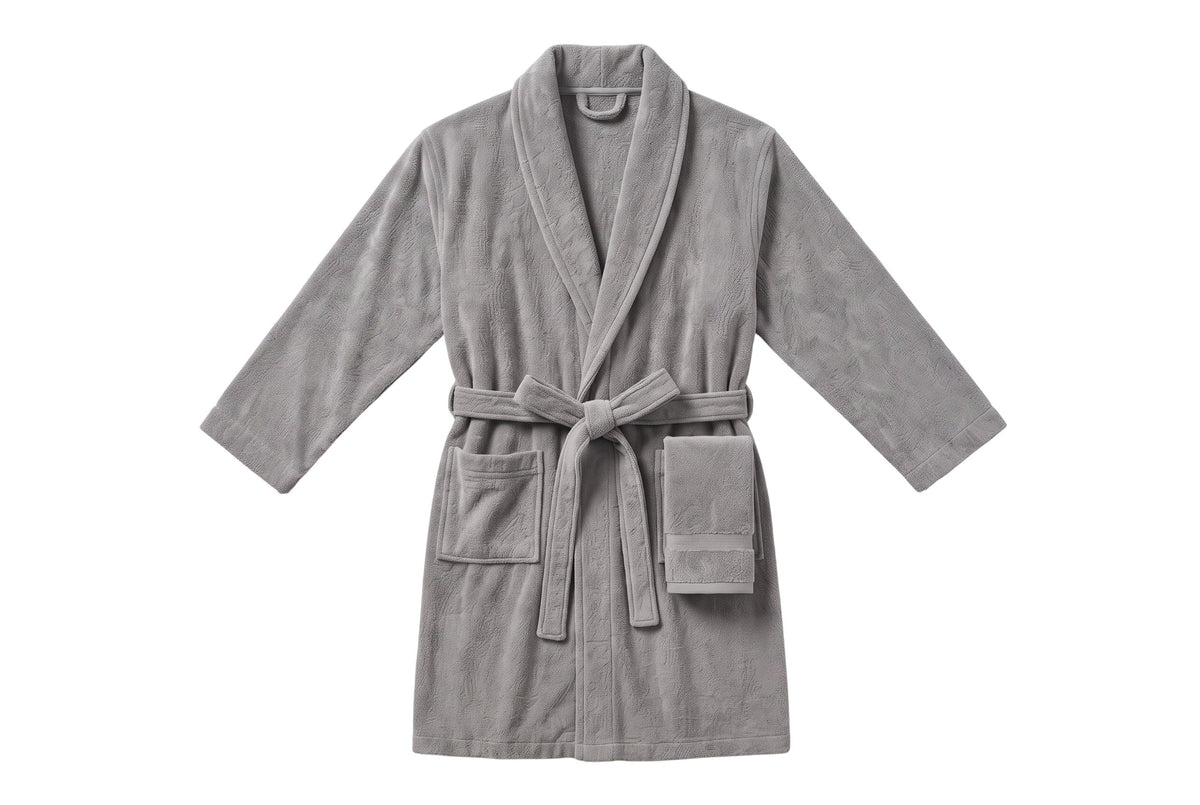 Trendiest grey plush spa bathrobe with matching face towel and belt, made from soft cotton and nanofiber blend.