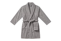 Trendiest grey plush spa bathrobe with matching face towel and belt, made from soft cotton and nanofiber blend.