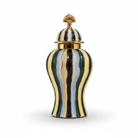 Trendiest hand-painted ceramic urn vase with decorative lid and gold, emerald, navy, and ivory details, close-up view.